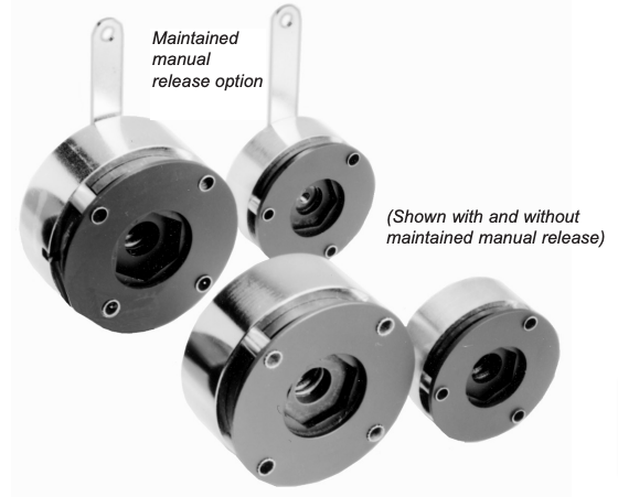 Stearns AAB 320 Series armature brakes shown with and without maintained manual release option