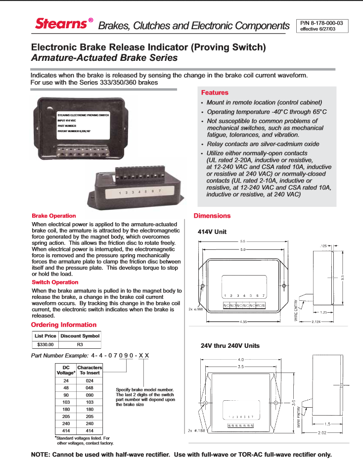 Prodcut Sheet for Electronic Brake Release Indicator (Proving Switch) Armature-Actuated Brake Series