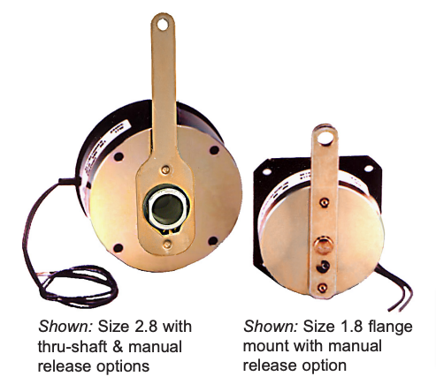 Stearns AAB 321 and 322 Series armature brakes shown with thru-shaft and manual release options